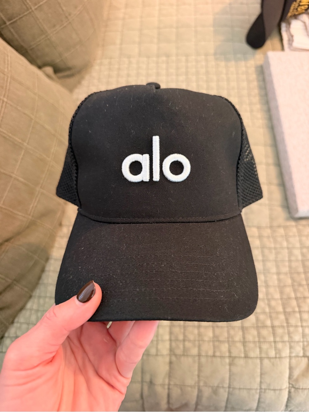 ALO Yoga Kids Black Trucker Hat with White Logo